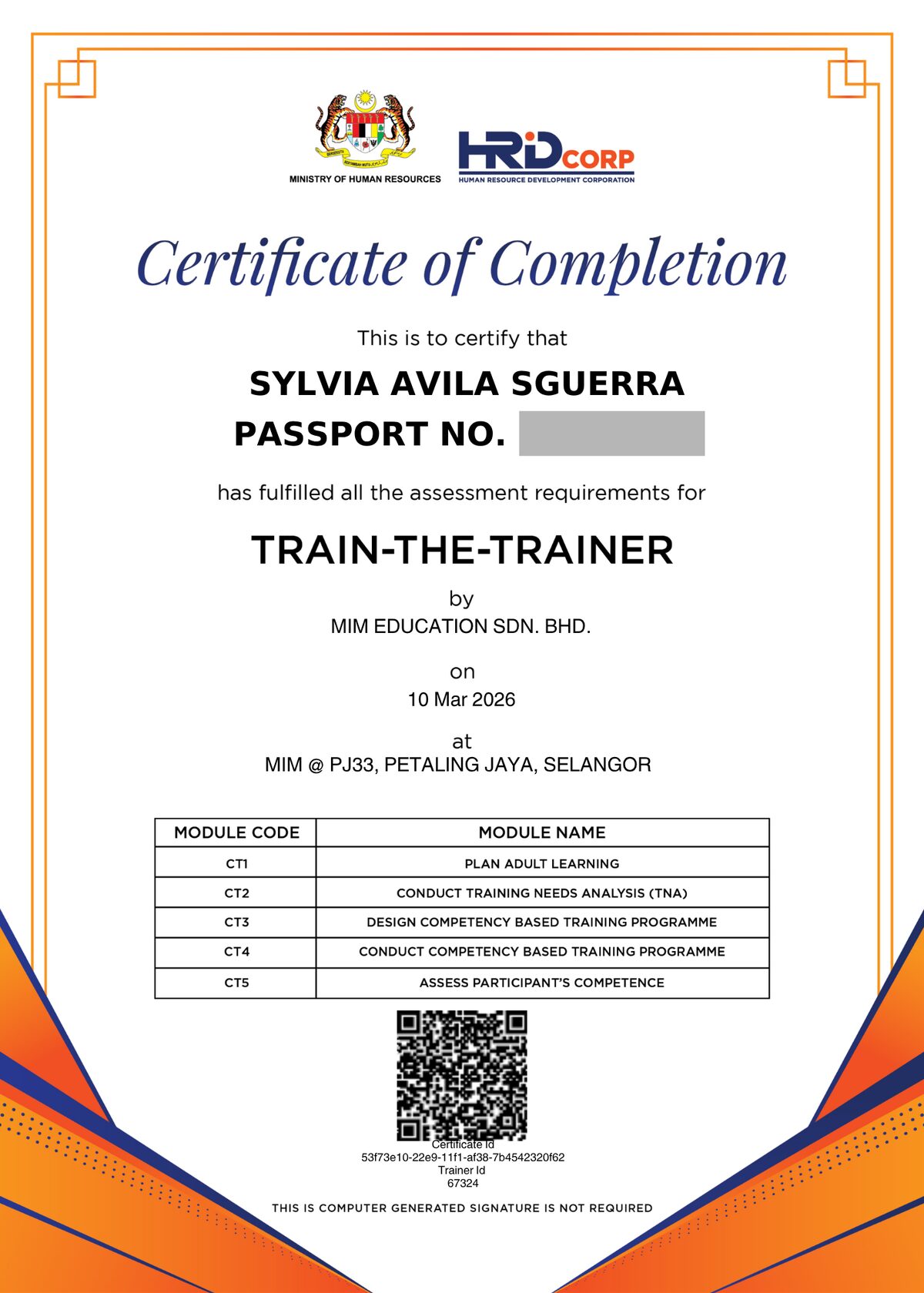 Train the Trainer Certification certificate